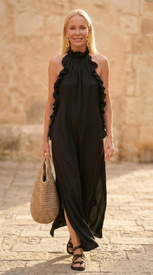 Vestido Sin Mangas con Cuello Halter y Volantes