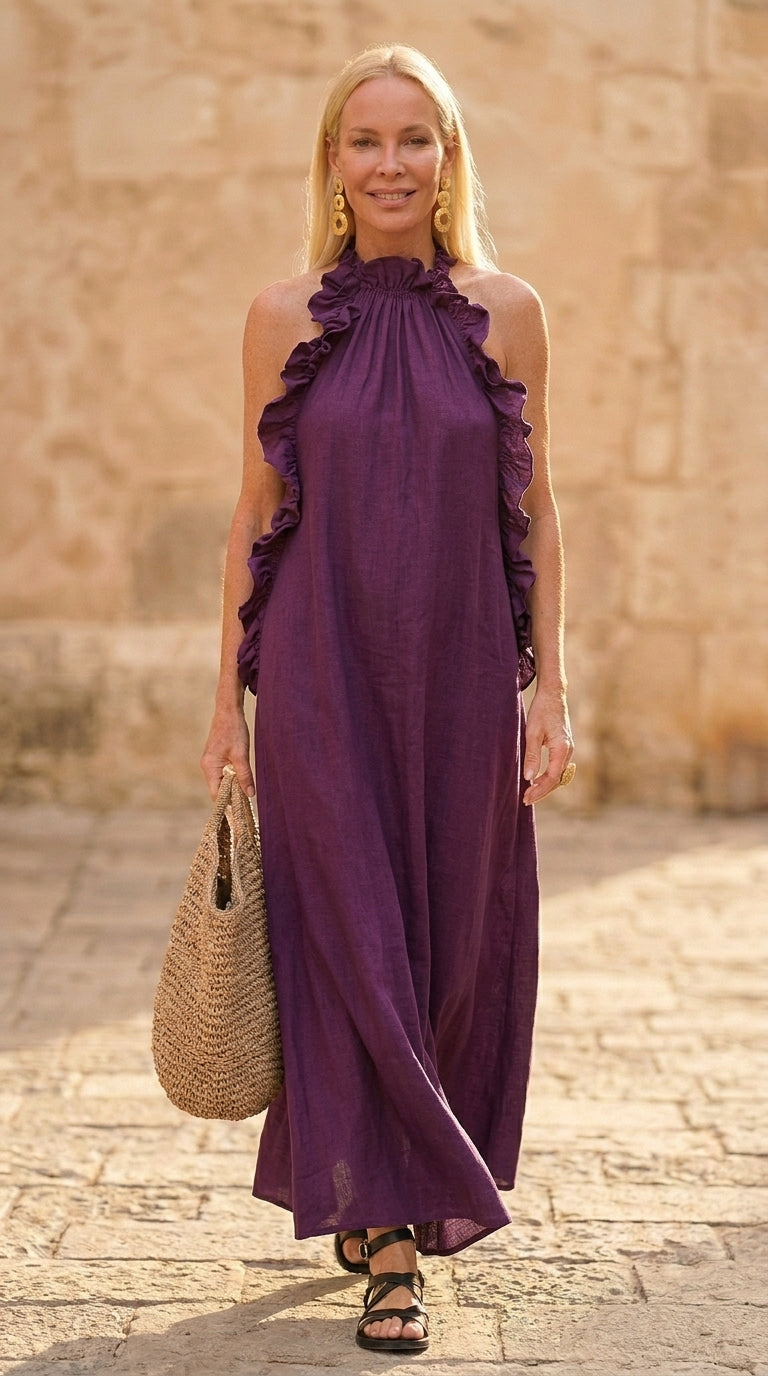 Vestido Sin Mangas con Cuello Halter y Volantes